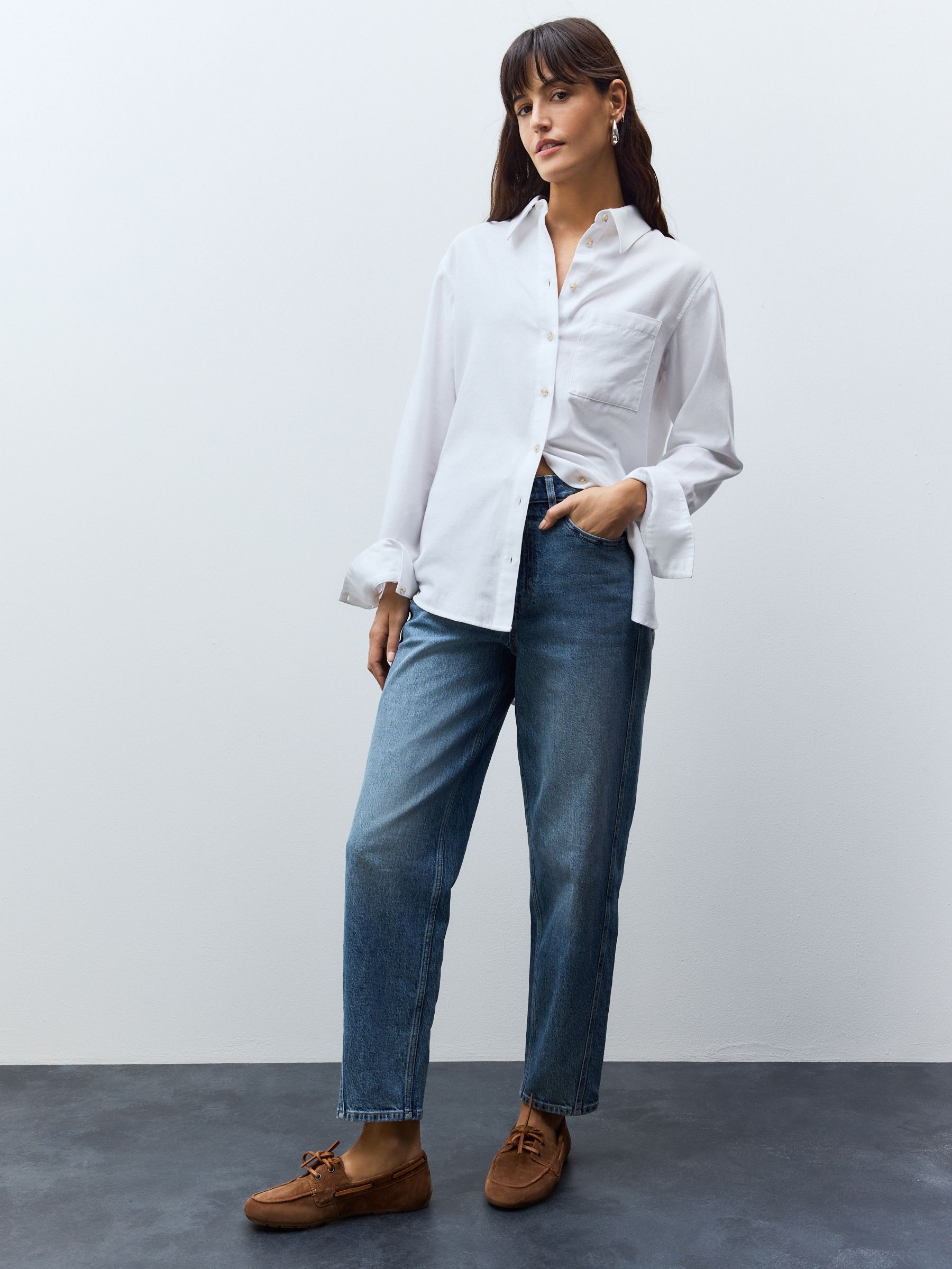 Wit - Ruimvallend 100% katoenen button-down casual overhemd met lange mouwen