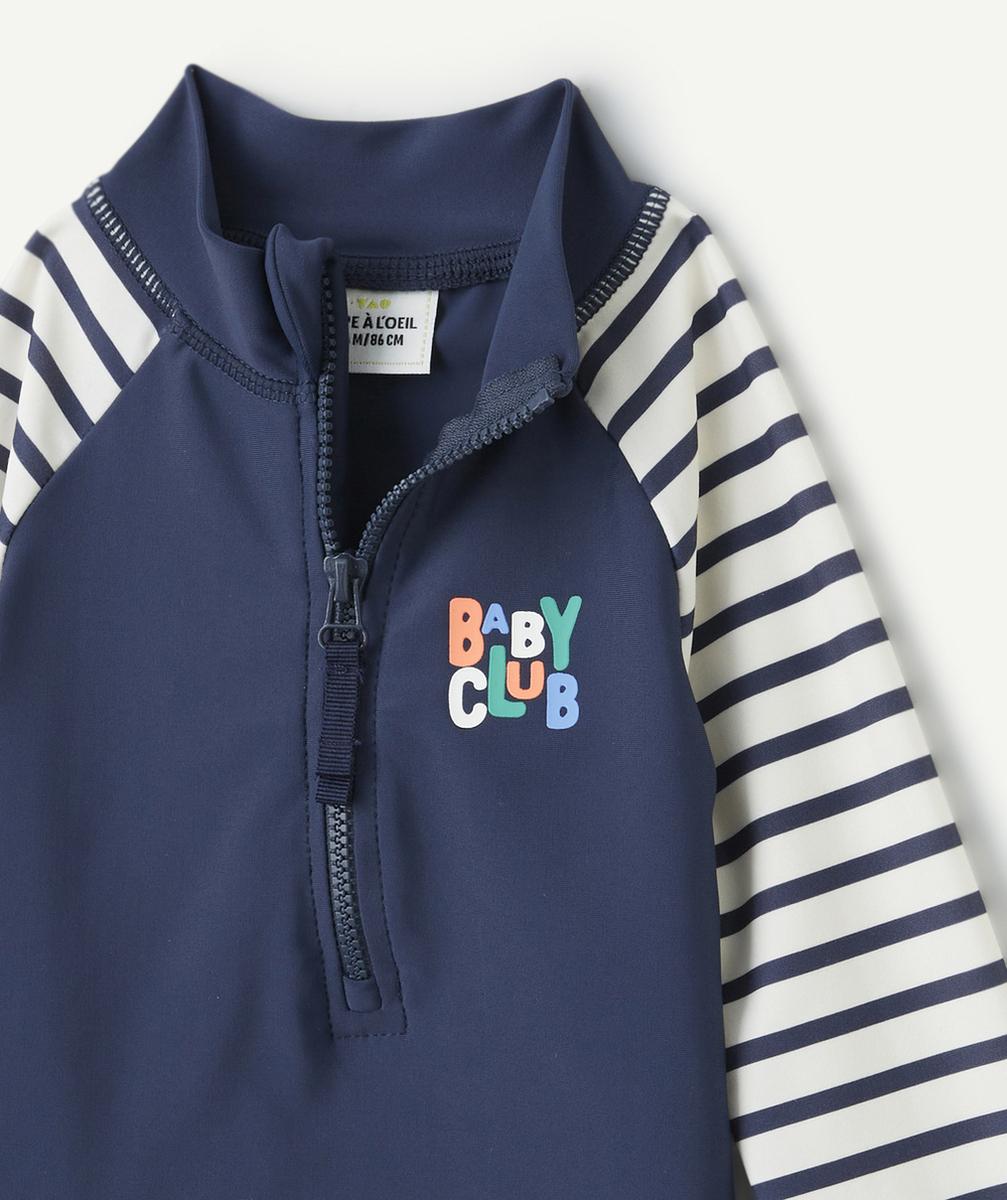 t-shirt anti-UV bébé garçon en fibres recyclées bleu avec rayures thème baby club
