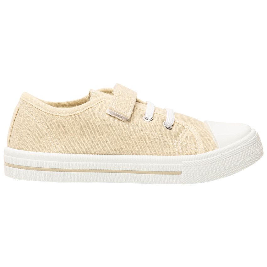 Baskets basses en toile lacets élastiqués et scratch pour bébé - Beige