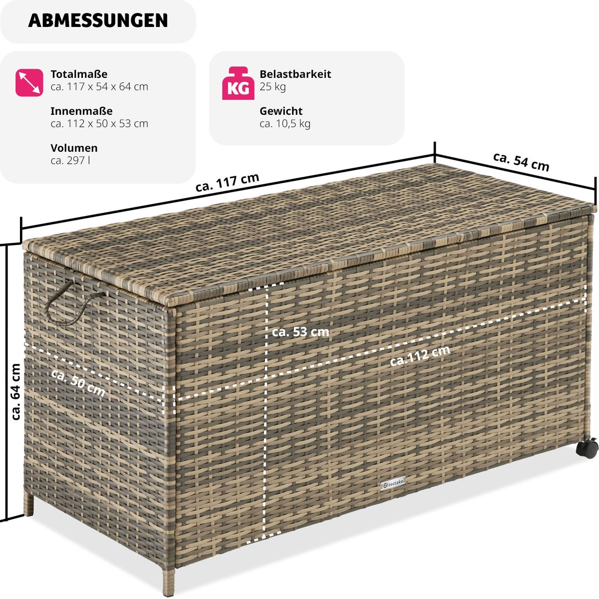tectake Kuusamo opbergdoos met aluminium frame en rotan vlechtwerk, 117 x 54 x 64 cm