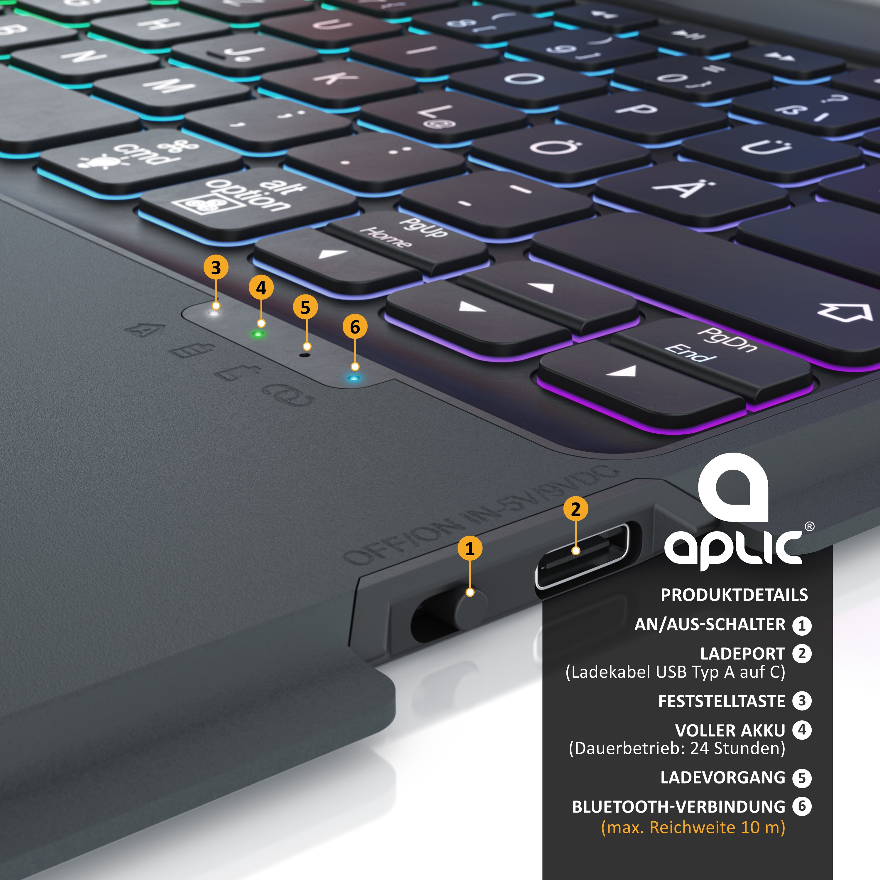 Aplic Bluetooth Tastatur kompatibel mit iPad Pro 12,9 Zoll - Gen 3 + 4 - 500 mAh Akku - inkl. Hülle - Tablet Keyboard kompatibel mit Apple Layout
