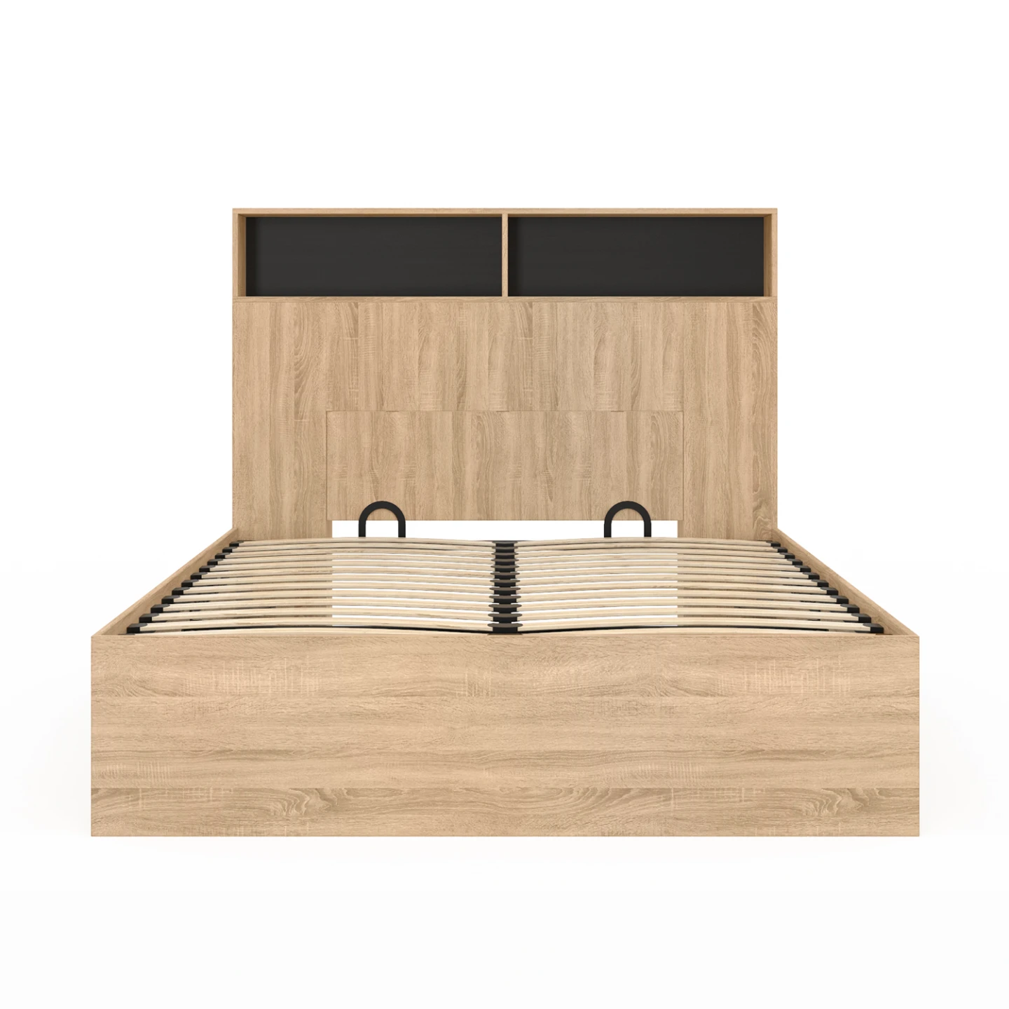 Lit coffre double CLYDE avec tête de lit + rangements et sommier 140 x 190 cm façon hêtre et noir