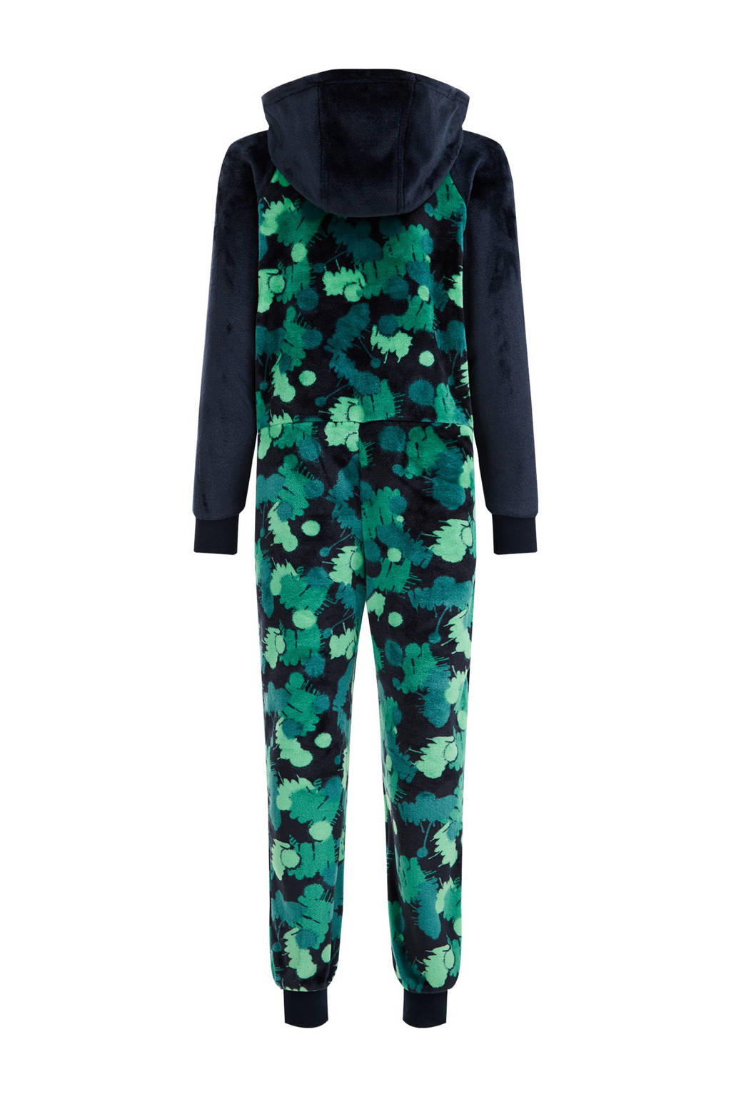 WE Fashion fleece onesie met all over print donkerblauw/groen