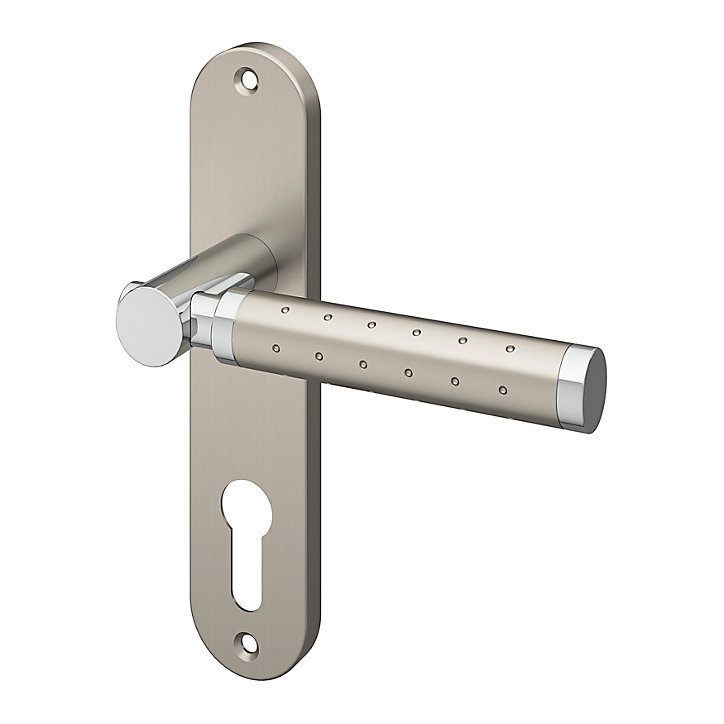 Ensemble poignée sur plaque rondcylindre GoodHome Brigg effet chrome et nickel satin gris L.132mm x l.40mm entraxe 165mm