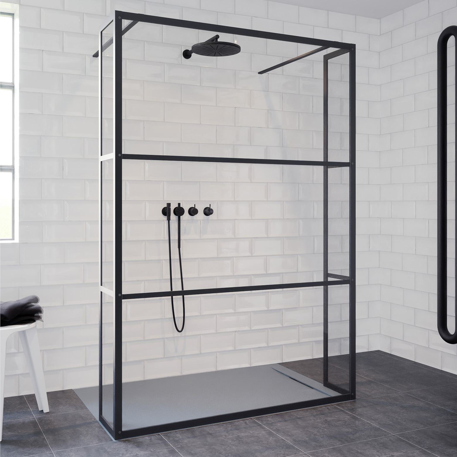 Riho Grid GB404 vrijstaande douchewand 120cm met 30cm zijwand zwart mat