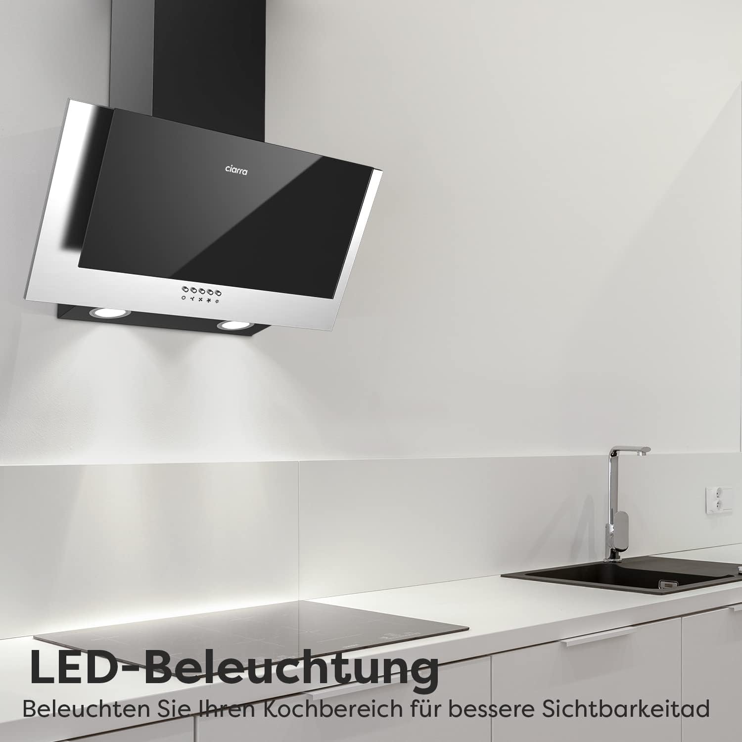 CIARRA CBCB6736C A++ Dunstabzugshaube 60 cm Umluft Kopffreie Schräghaube 350 m³/h 3 Stufen Dunstabzug CBCF002X2 Kohlefilter LED-Beleuchtung Abluft Abzugshaube Schwarz