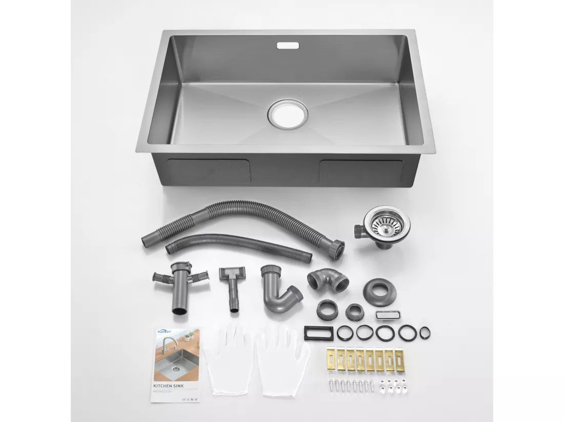 AuraLum Max Évier Cuisine 1 Bac 70*44*19CM Évier Montage à Encastrer,à Fleur/Sous-Plan Acier Inox 304 Évier Brossé avec Siphon/Trop-Plein,EU Modèle