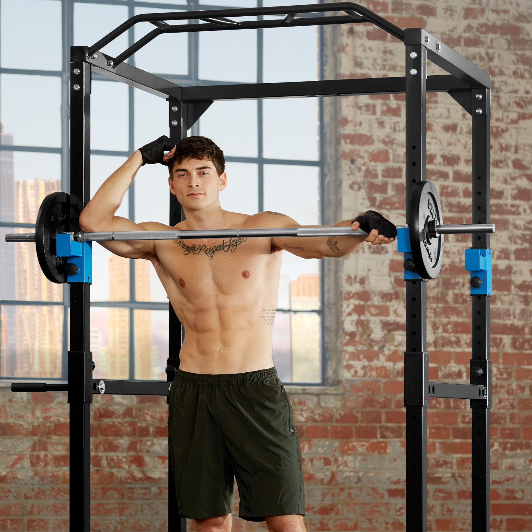 tectake® Power Rack, Klimmzug-Doppelstange, höhenverstellbare Langhantelablagen und Sicherheitsstreben, 120 x 142,5 x 215 cm