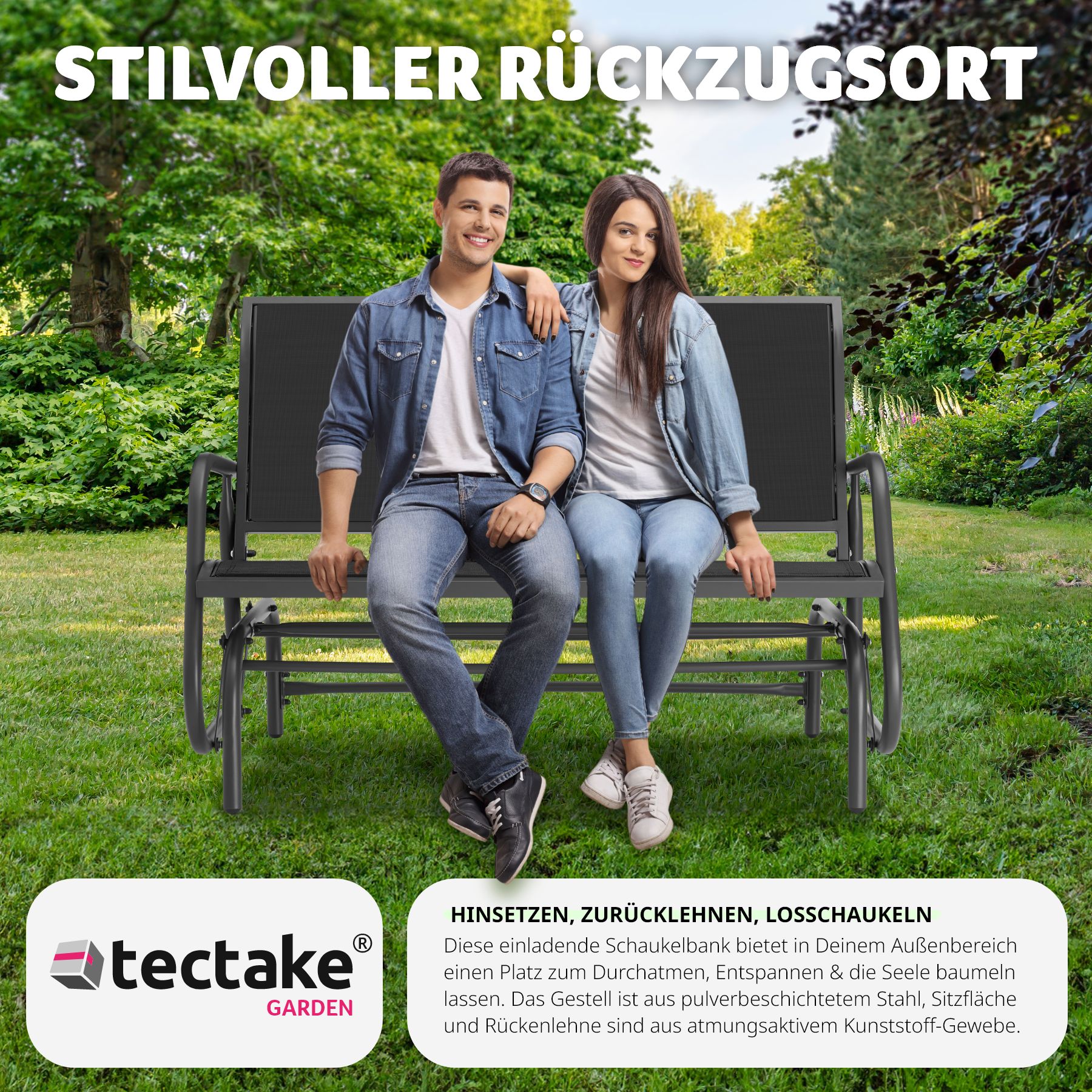 tectake® Schaukelbank, 2-Sitzer, sanfter Schaukelmechanismus, 121 x 72 x 86,5 cm