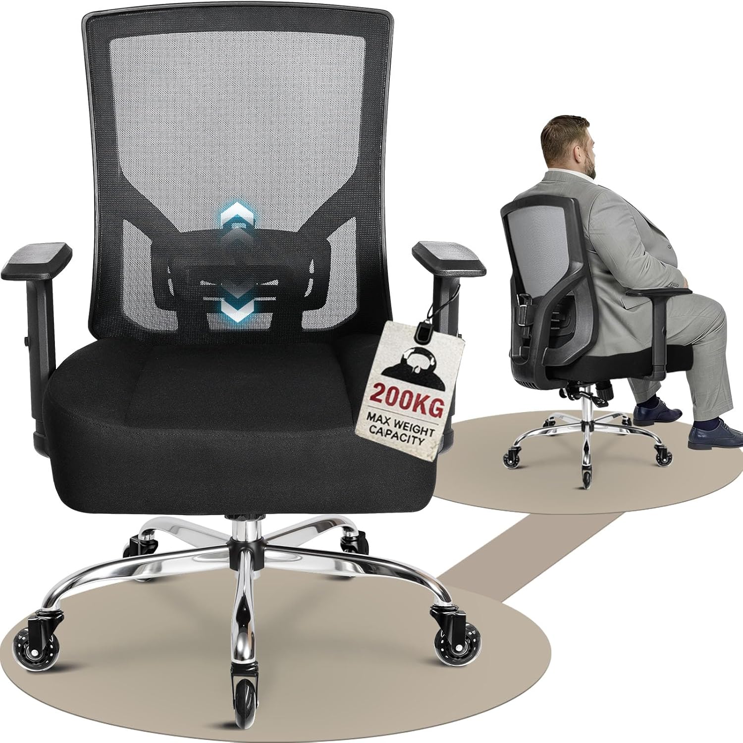 Bürostuhl 200KG XL, Breites Federkissen, Gummirollen, Ergonomischer Bürostuhl, Verstellbare Lendenwirbelstütze, Stufenlose Neigungsfunktion, Gaming, Schreibtischstuhl [Lendenkissen Inklusive]