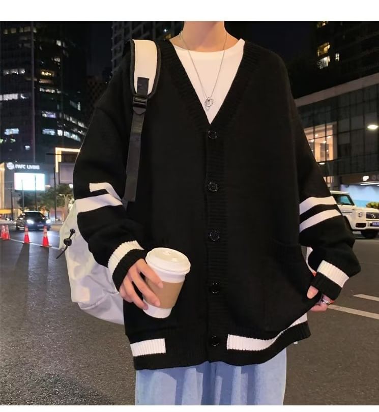 jaywoon - V-hals gestreepte oversized cardigan met knopen
