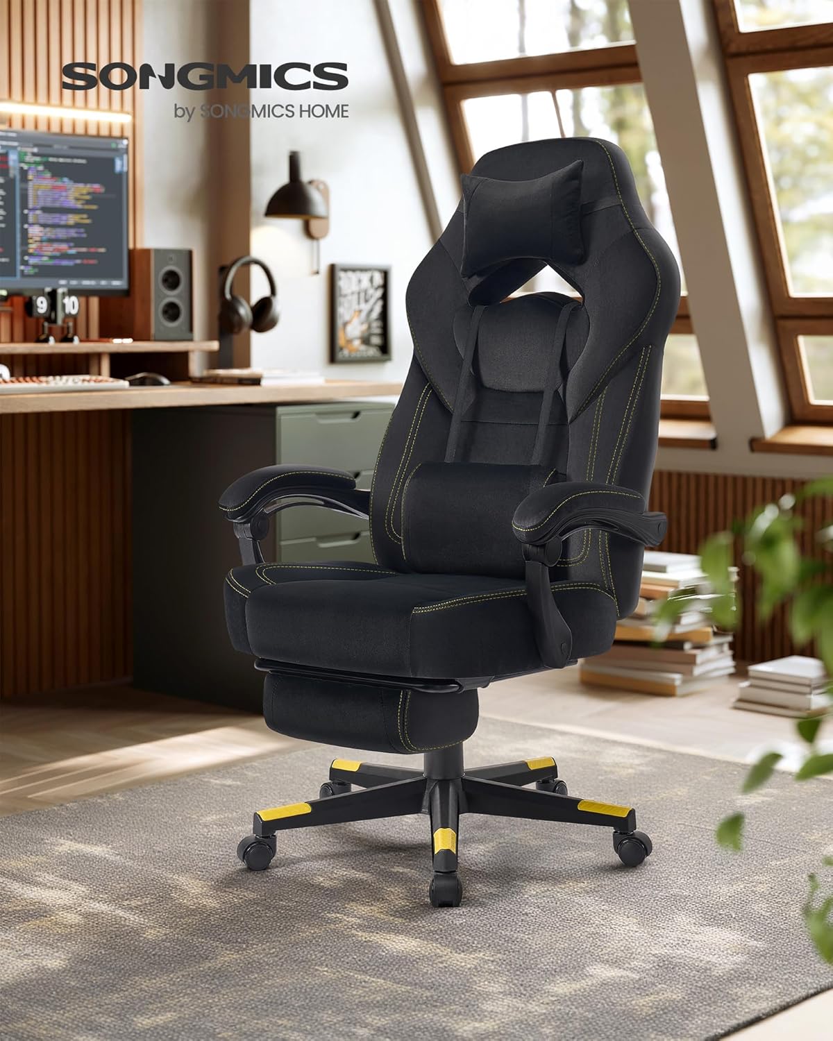 SONGMICS Gaming-Stuhl, Bürostuhl, Computerstuhl, ergonomisches Design, mit Fußstütze, verstellbares Kopfkissen, Lendenkissen, Tragkraft 150 kg, tintenschwarz OBG077B08