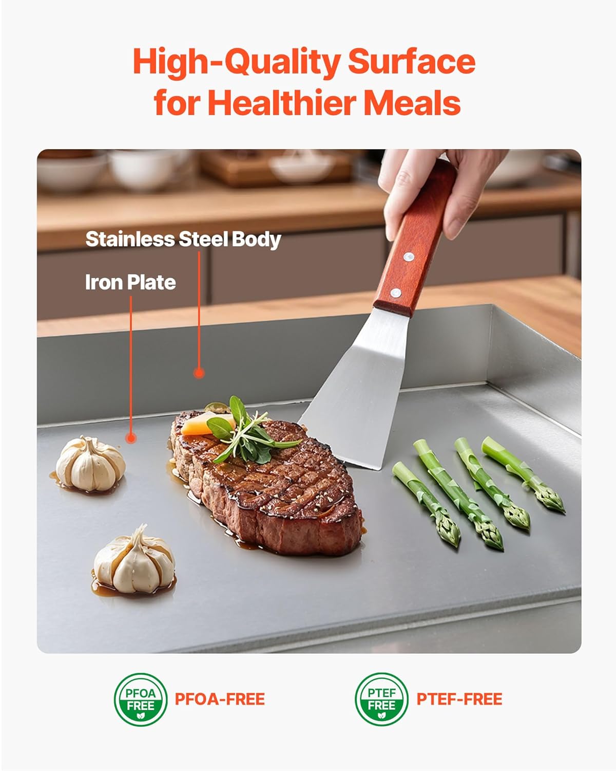VEVOR Elektrogrill gewerbliche Grillplatte (535 x 300 mm) 3200 W mit 50-300 °C einstellbarer Temperaturregelung, Bratplatte Griddleplatte mit 2 Spachteln & 2 Bürsten & 4 Fußpolstern für Steak