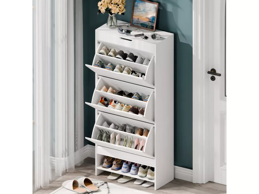 Armoire à chaussures blanche à 3 tiroirs avec étagère extensible, 2 niveaux, en bois MDF, idéale pour organiser 18 à 24 paires de chaussures