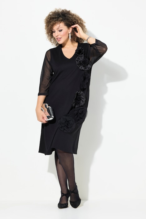 Jerseykleid, 3D-Blüten, V-Ausschnitt, 3/4-Arm, Taschen