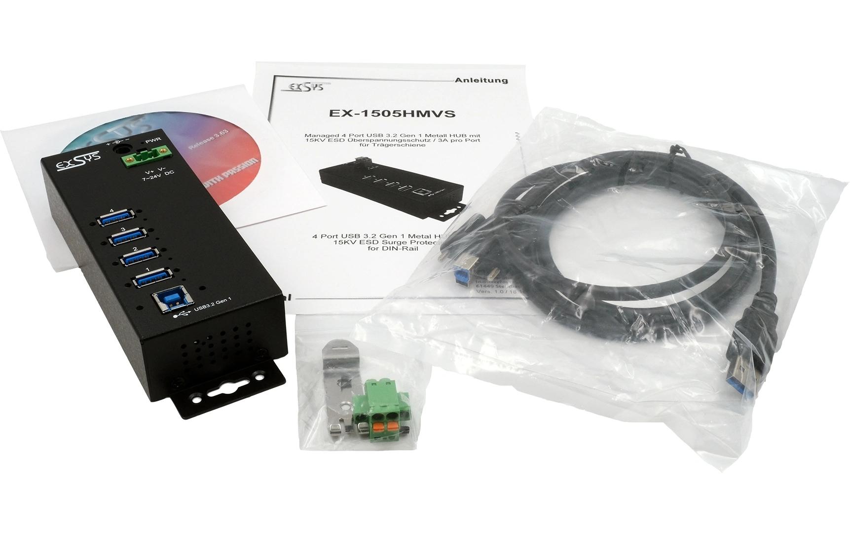 USB-Hub EX-1505HMVS<br>Managed 4-Port USB 3.2 Gen 1 Metall HUB mit 3.0A Strom gleichzeitig an 4 Ports (DIN-Rail)