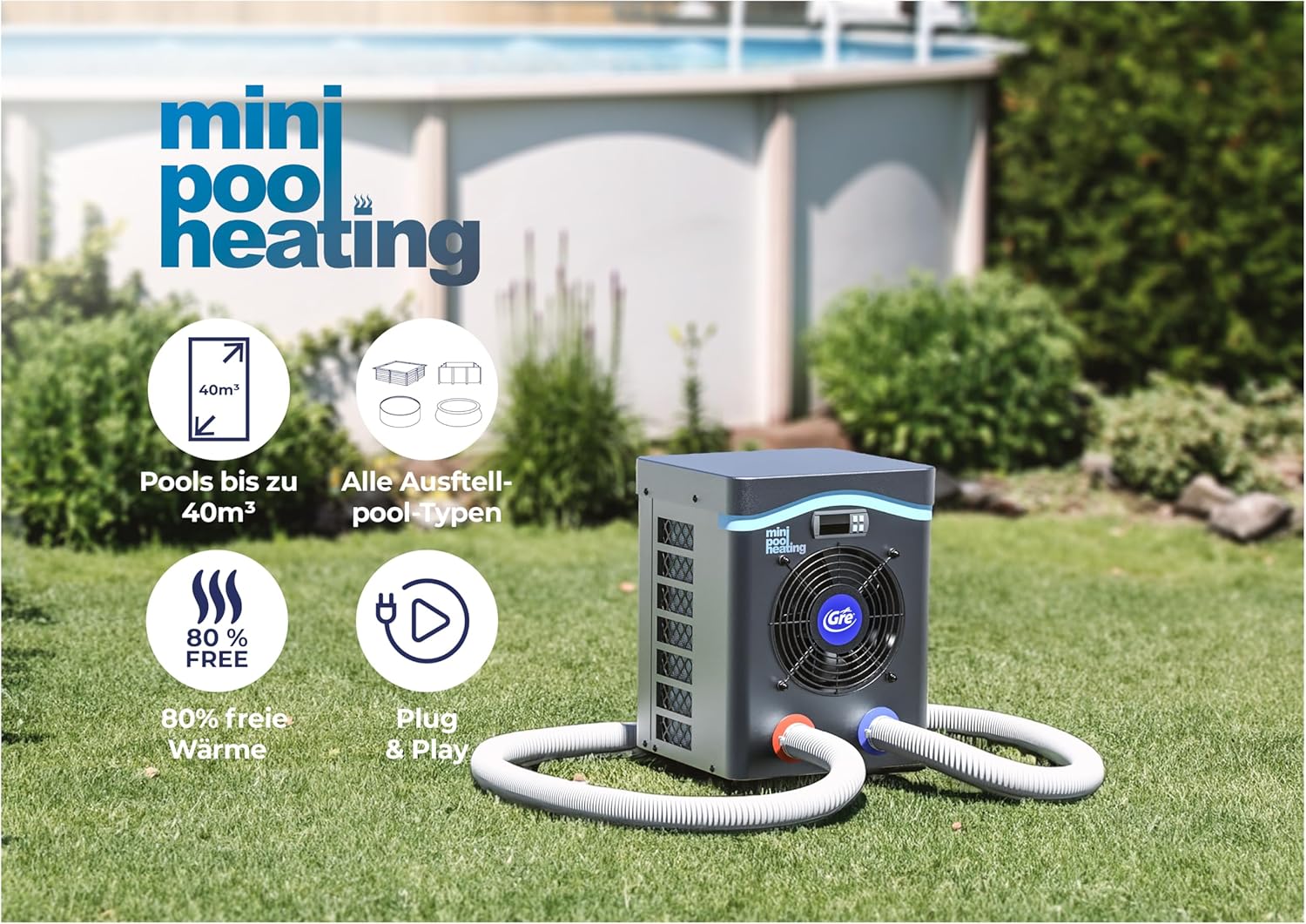 Gre HPM30 - Mini-Wärmepumpe für Aufstellpools bis zu 30 m³, Heizsystem für Aufstellpools, Farbe Grau