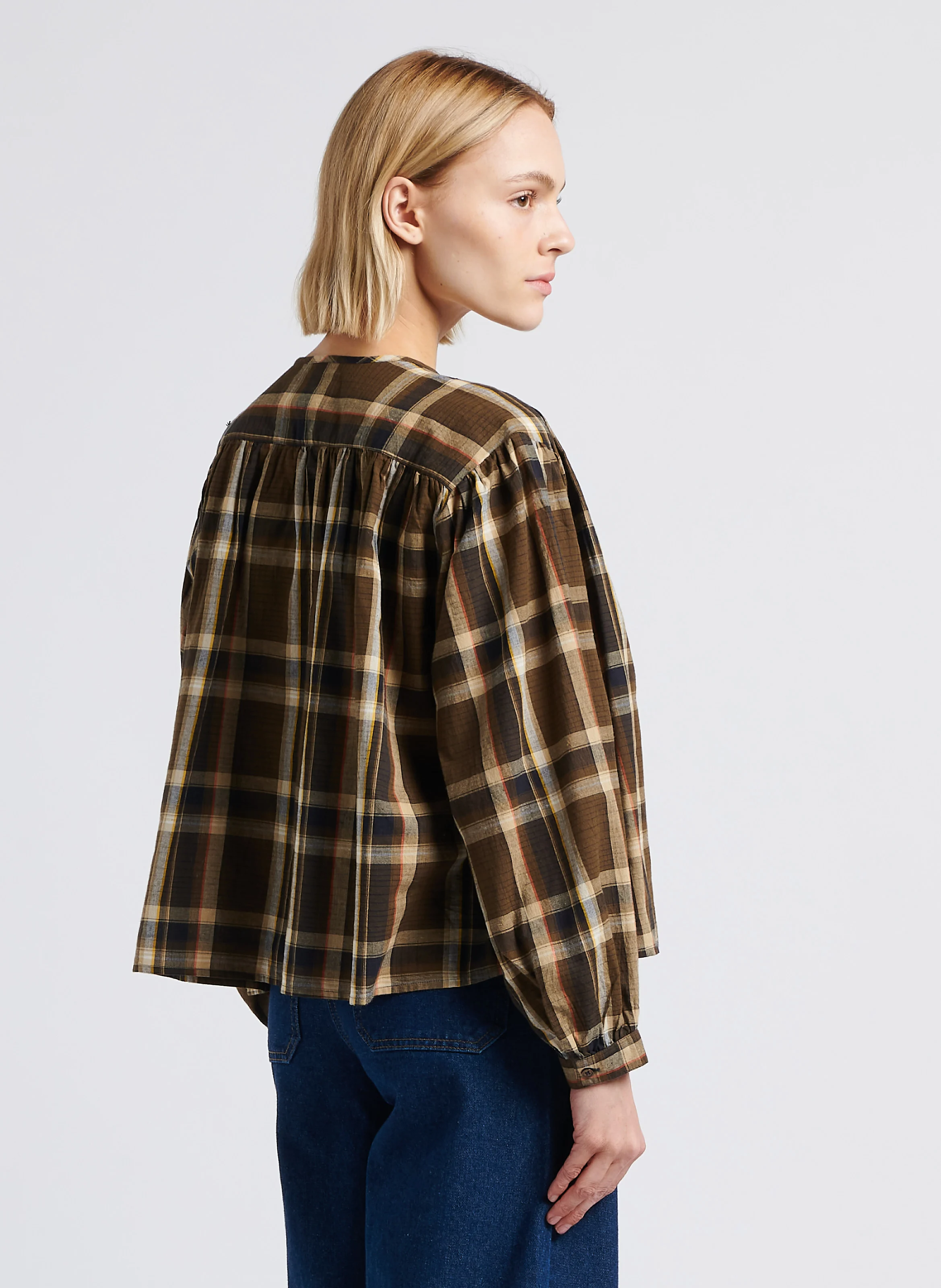 ELINA - Blouse évasée col rond en coton imprimé | Marron