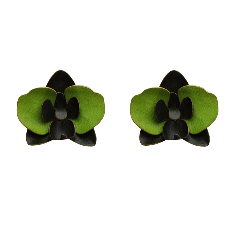 Boucles d'Oreilles Clous Laiton Orchidée en Cuir