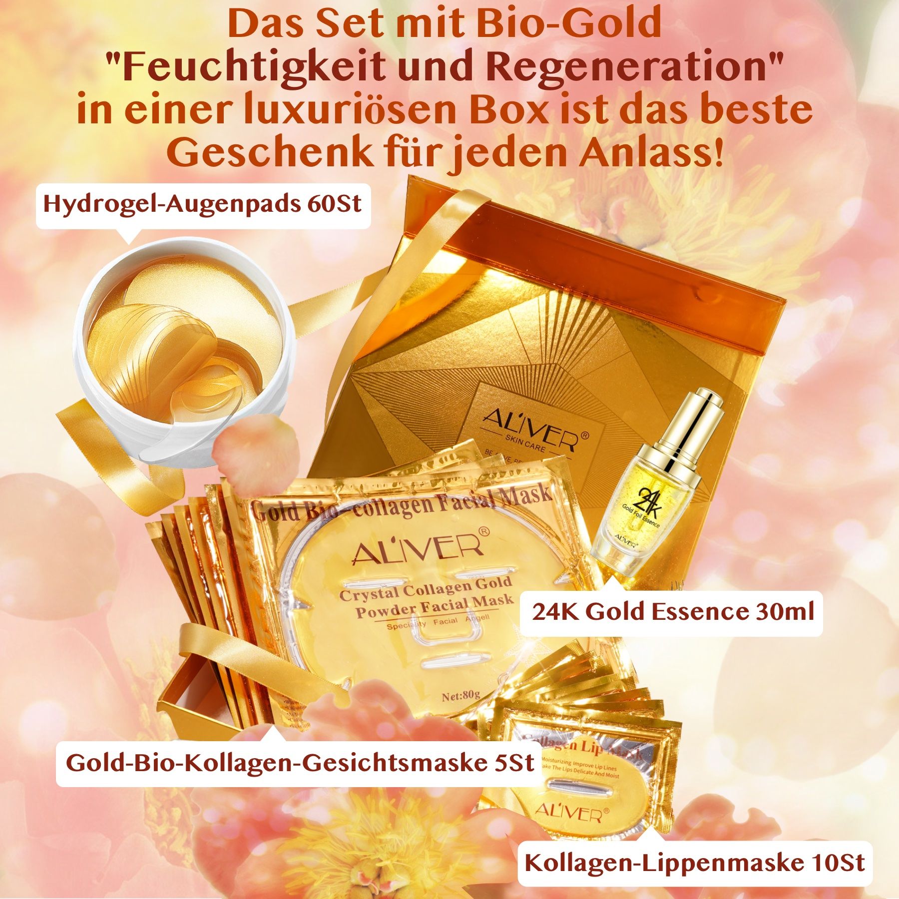 ALIVER Gesichtspflege Set Crystal Gold Masken