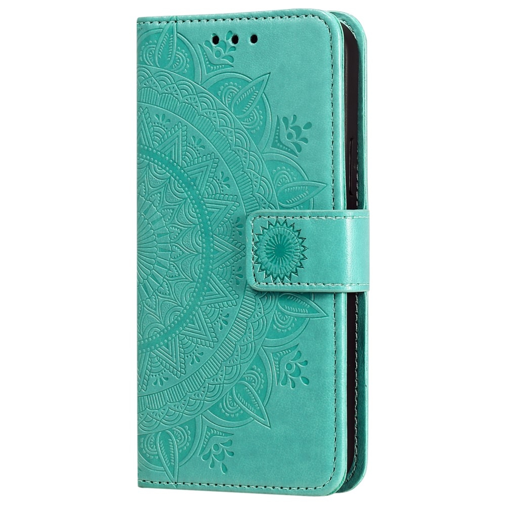 iPhone 12 / iPhone 12 Pro Leder Tasche Wallet - Mandala Flowers Imprint - Türkis