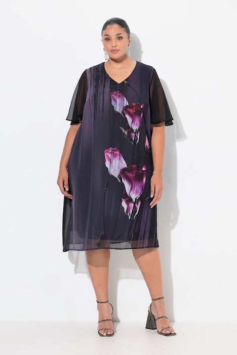 Kleid, Blüten, A-Linie, V-Ausschnitt, Cup-Halbarm
