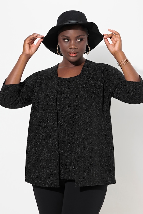 2-in-1-Blusenshirt, Glitzer, V-Ausschnitt, 3/4-Arm