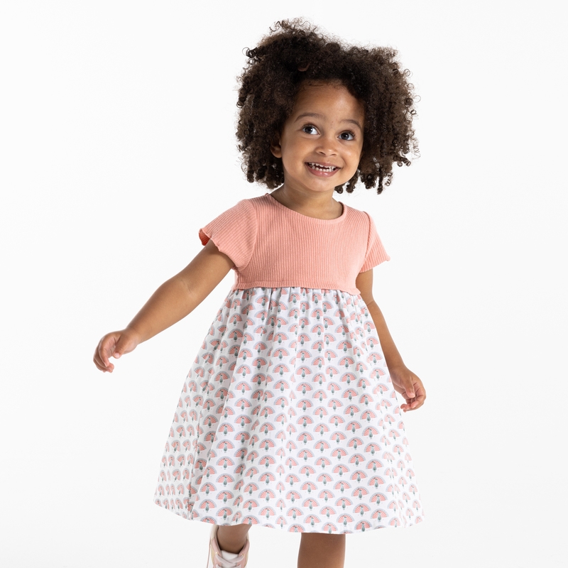 Robe bi-matière imprimée paons rose bébé fille