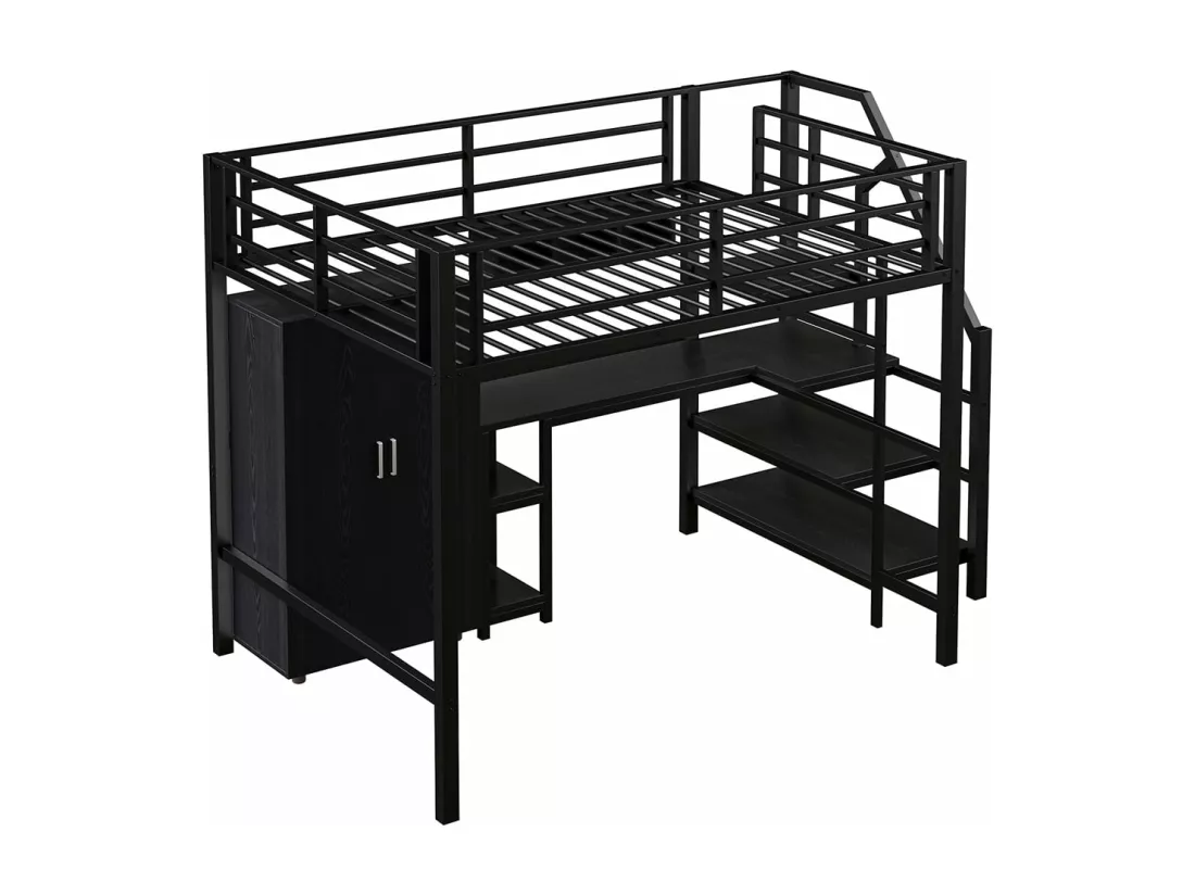 Lit en mezzanine 140*200 cm, armoire, étagères, échelle de rangement, bureau, sans matelas, noir