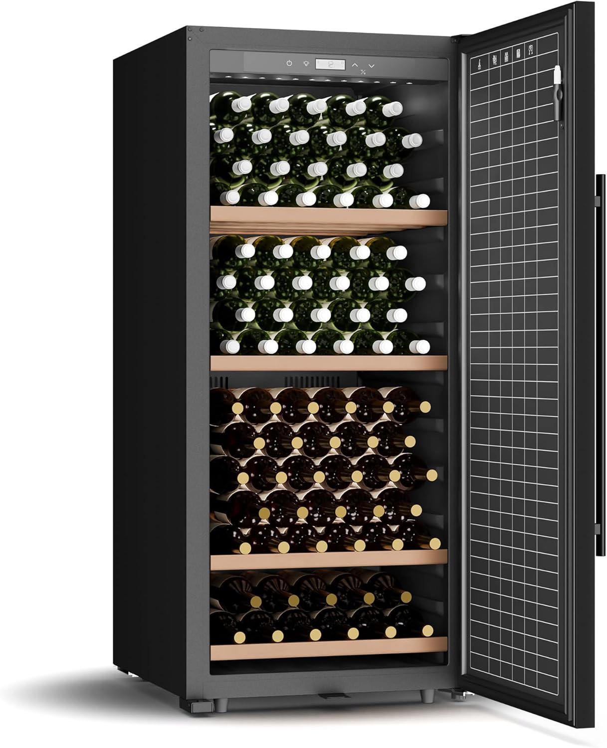 Klarstein CellarMax Weinkühlschrank Freistehend - 155 Flaschen, 5-20 °C, Touch-Bedienung, Metalltür, Holzregale, Alarm, Energieklasse E, Großer Weinkühlschrank