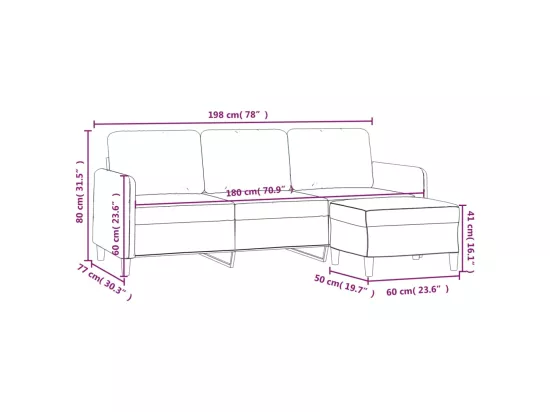Canapé à 3 places avec repose-pieds Rose 180 cm Velours