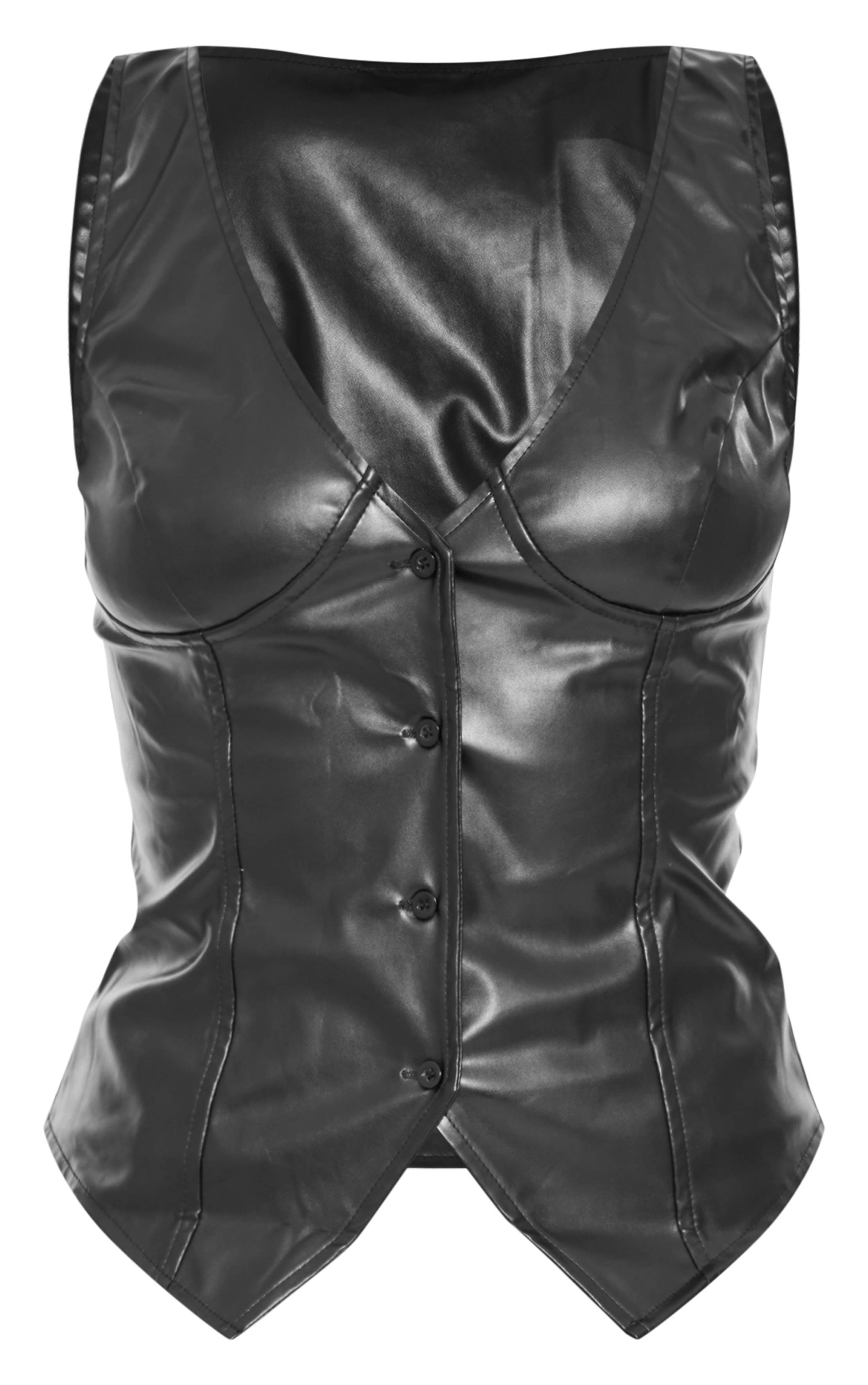 Noir Gilet Long En Synthétiquecuir À Décolleté Plongeant Coordonné