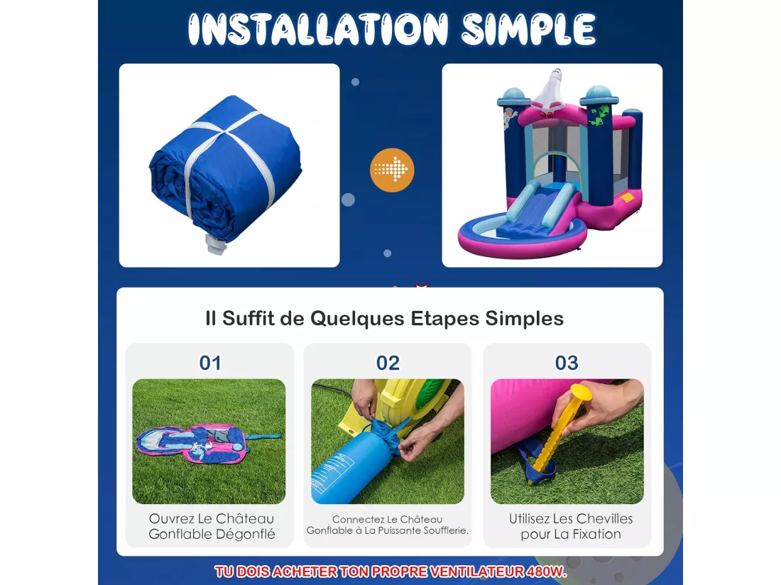Toboggan Aquatique Gonflable Thème de l'espace avec Piscine à Eclaboussures Toboggan Portable,Sac de Transport et Piquets（sans Gonfleur）