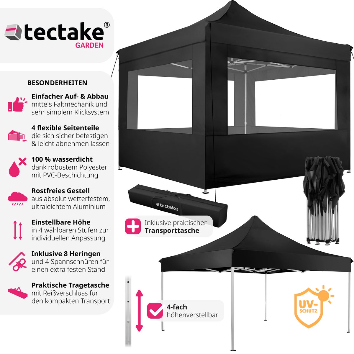 tectake Olivia paviljoen, 3 x 3 m, met aluminium frame inclusief scheerlijnen, haringen en draagtas