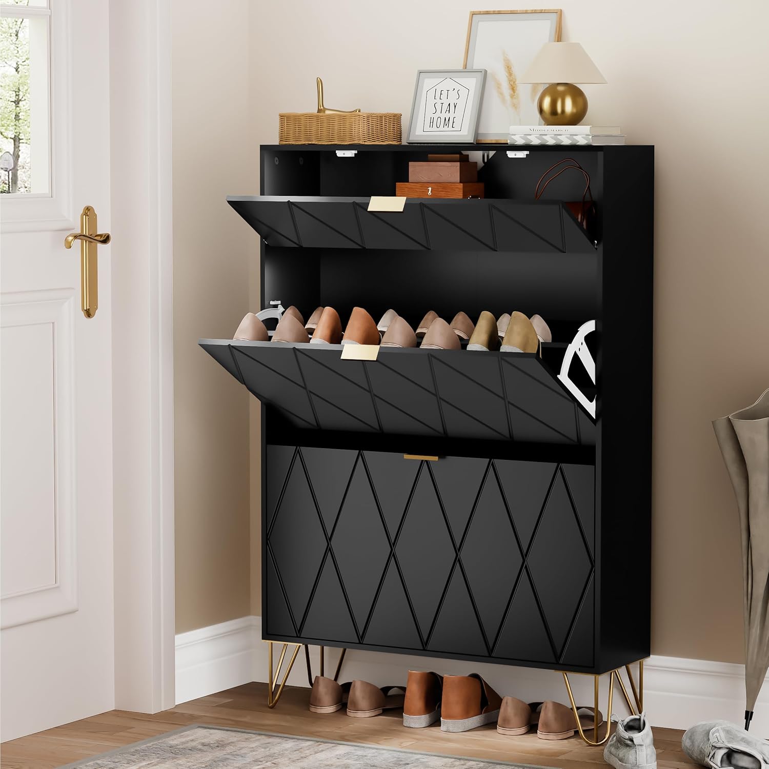 UEV Schuhschrank mit 2 Klappen, 80 x 24 x 120 cm für 16 Paar Schuhe mit 1 Schubladen, Schuhschrank Schwarz, Schuhkipper Schmal, Schrank Flur Schuhkommode im Flur, Platzsparend