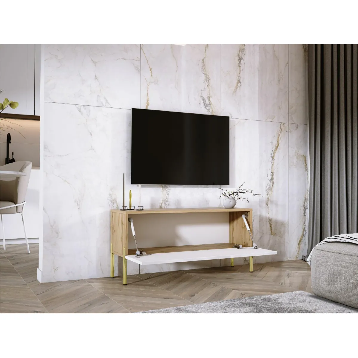 3xeliving Meuble TV Chêne wotan / Blanc Brillant