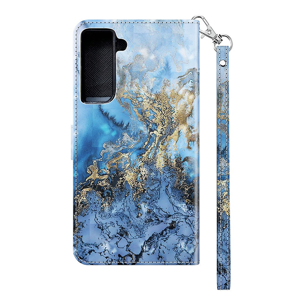 Samsung Galaxy S21 FE 5G Leder Tasche mit Kartenfach   Handschlaufe - Marble Marmor (Blau / Gold)
