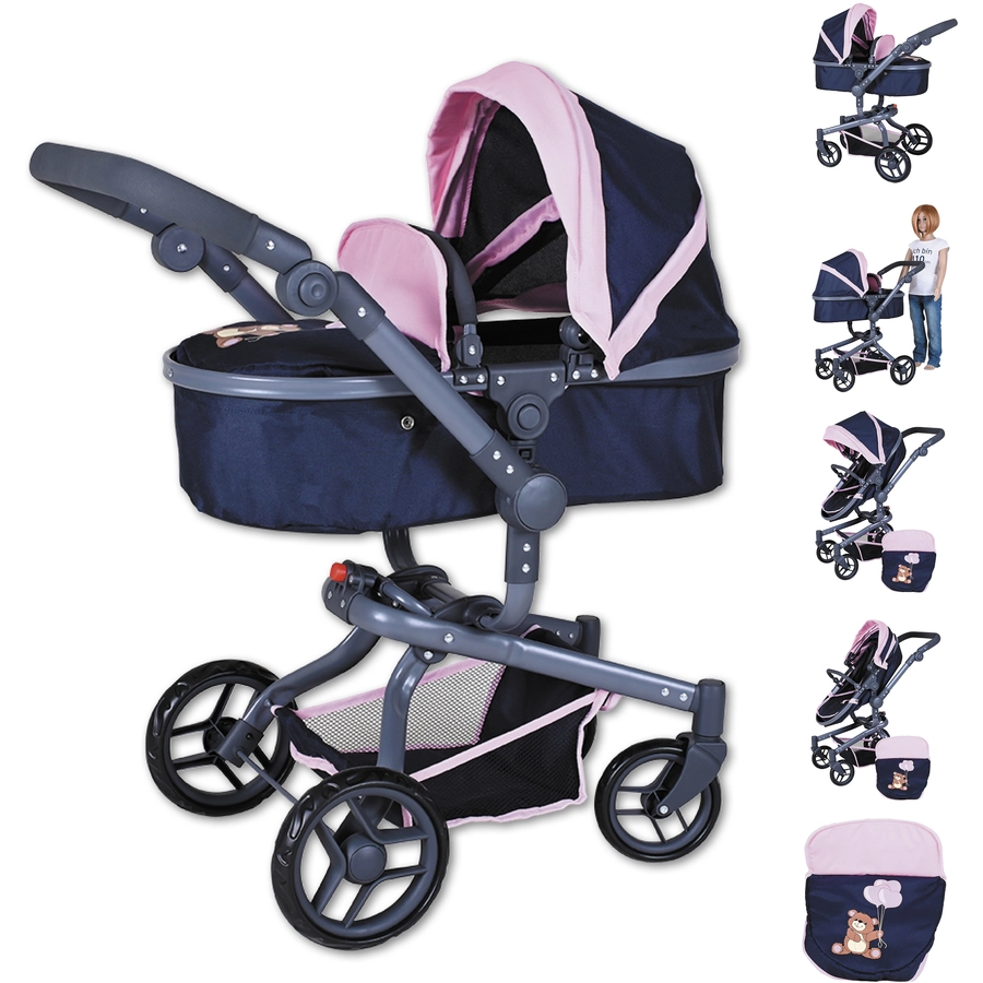 knorr toys® Puppenwagen Boonk - Navy pink bear blau