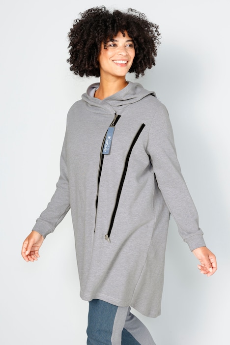 Long-Sweatjacke, oversized, Rücken-Jeansbesatz mit Print, Doppelzipper
