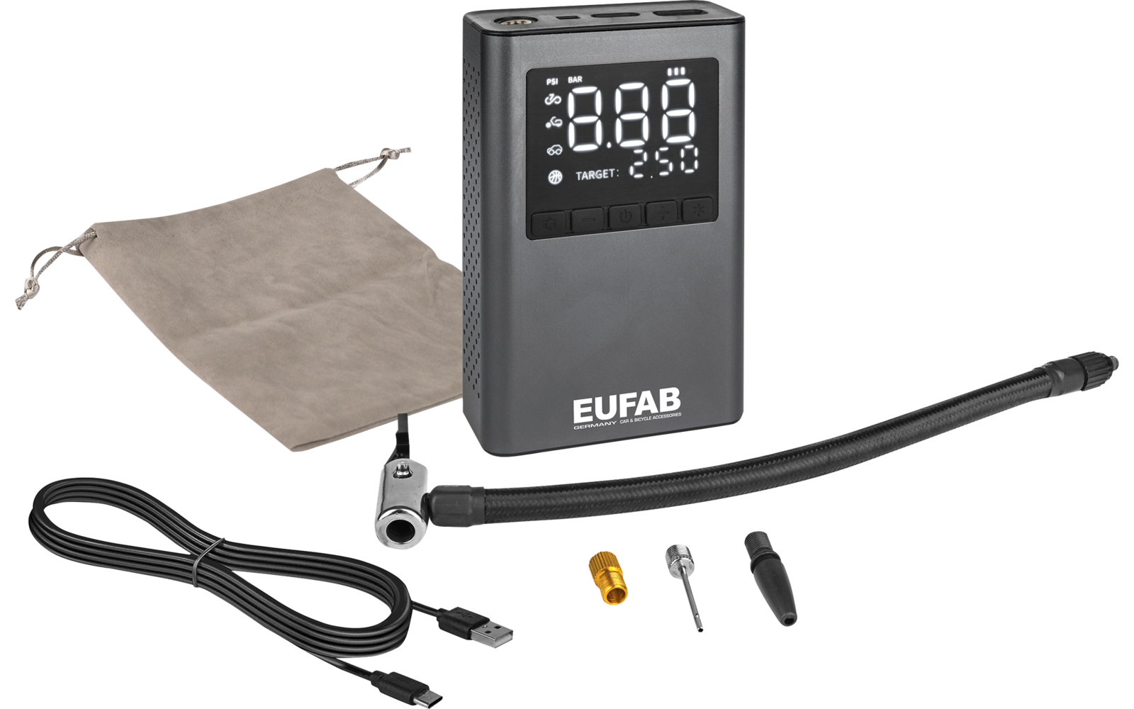 Eufab batteriebetriebener Mini Kompressor mit integrierter Powerbank 800 mAh