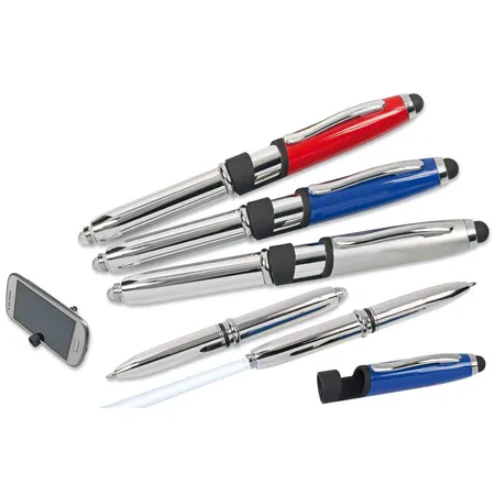 cuurts LED Touchpen Kugelschreiber mit Smartphone Halterung, 3 Stück je 1x silber, blau und rot