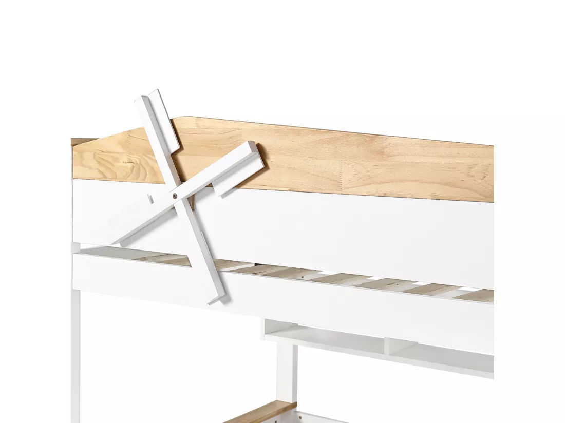 Lit superposé 90x200cm & 140x200cm - avec échelle、étagères et 2 tiroirs - en bois de pin et MDF - Blanc