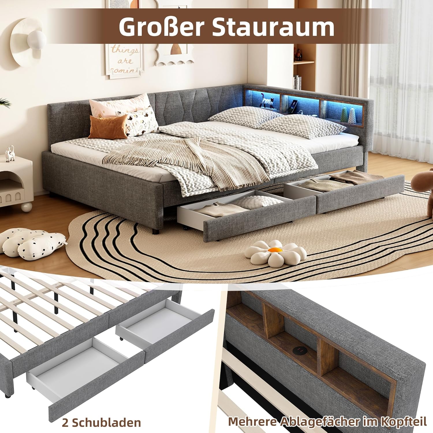Polsterbett Schlafsofa 140x200, Doppelbett mit 2 Schubladen, Daybett mit LED Staufach, Tagesbett mit USB Typ C Ladefunktion, für Jugendliche und Erwachsene, Leinen, ohne Matratze, Grau