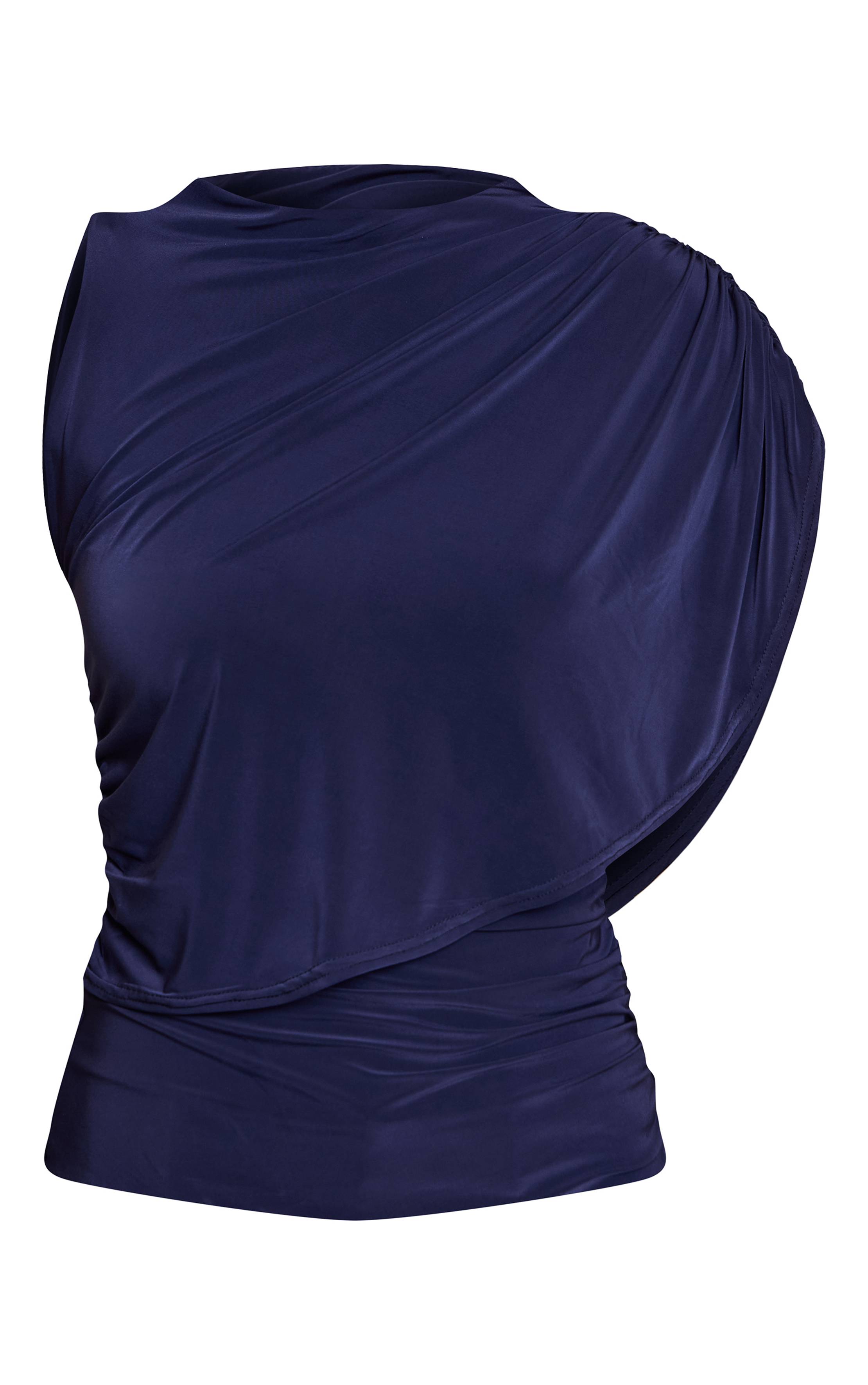 Bleu Marine Haut Long À Double Couche En Tissu Fluide Avec Détail Cape