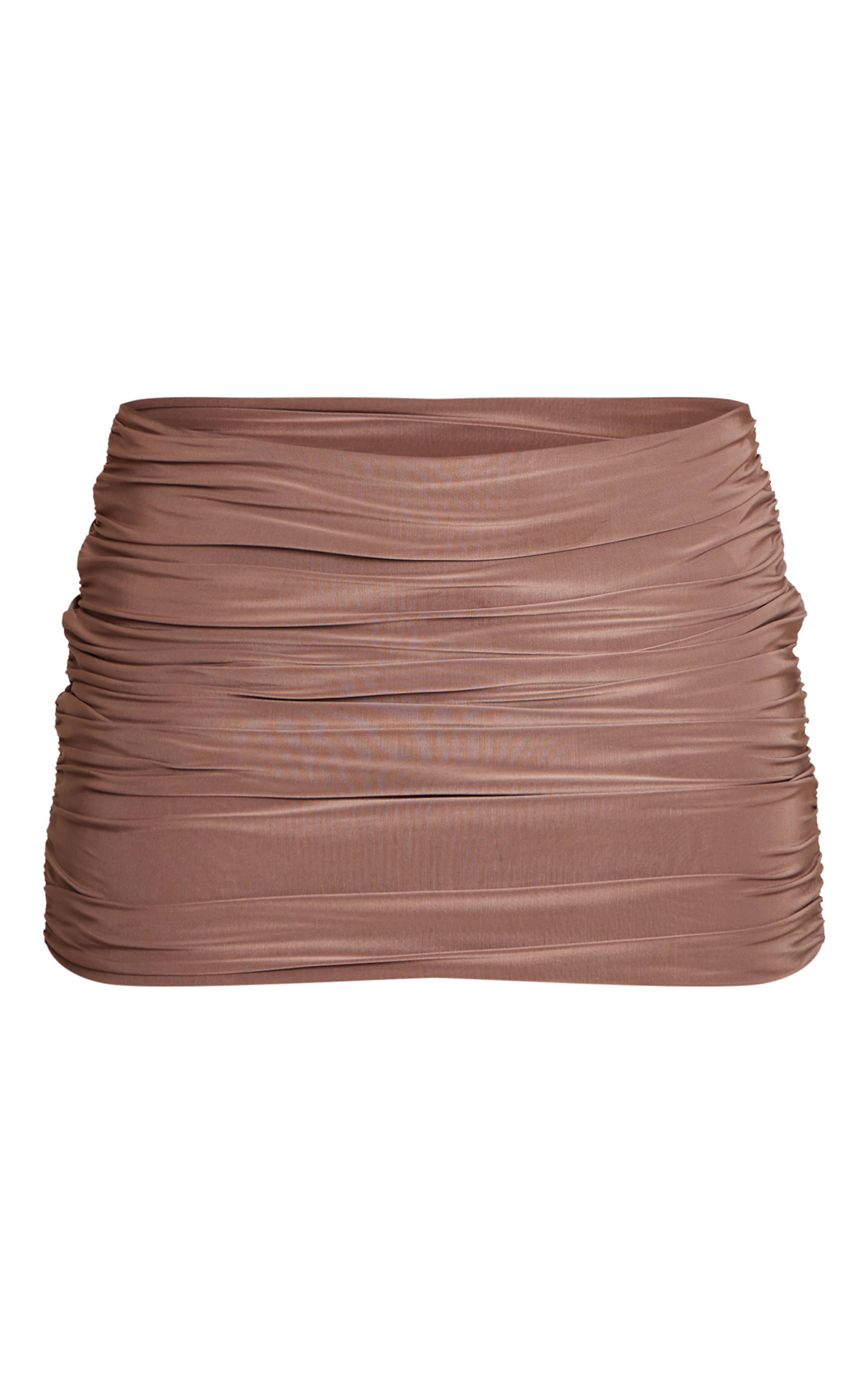Deep Taupe Mini-jupe Froncée Satinée En Ensemble Coordonné