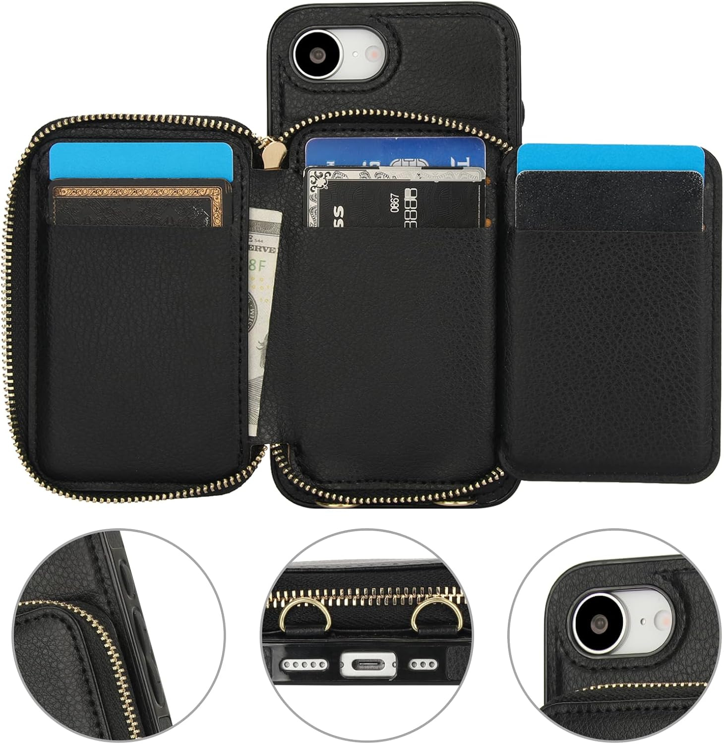 iPhone 16e Necklace Leder Schutz Hülle mit Kartenfächer   Handykette (140cm) - Schwarz