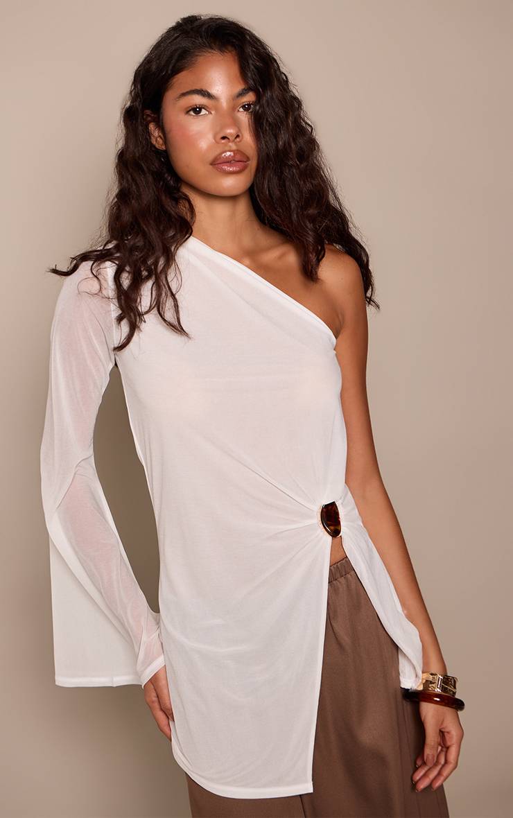 Blanc Haut Long Asymétrique En Mesh Transparent Avec Détail D'anneau