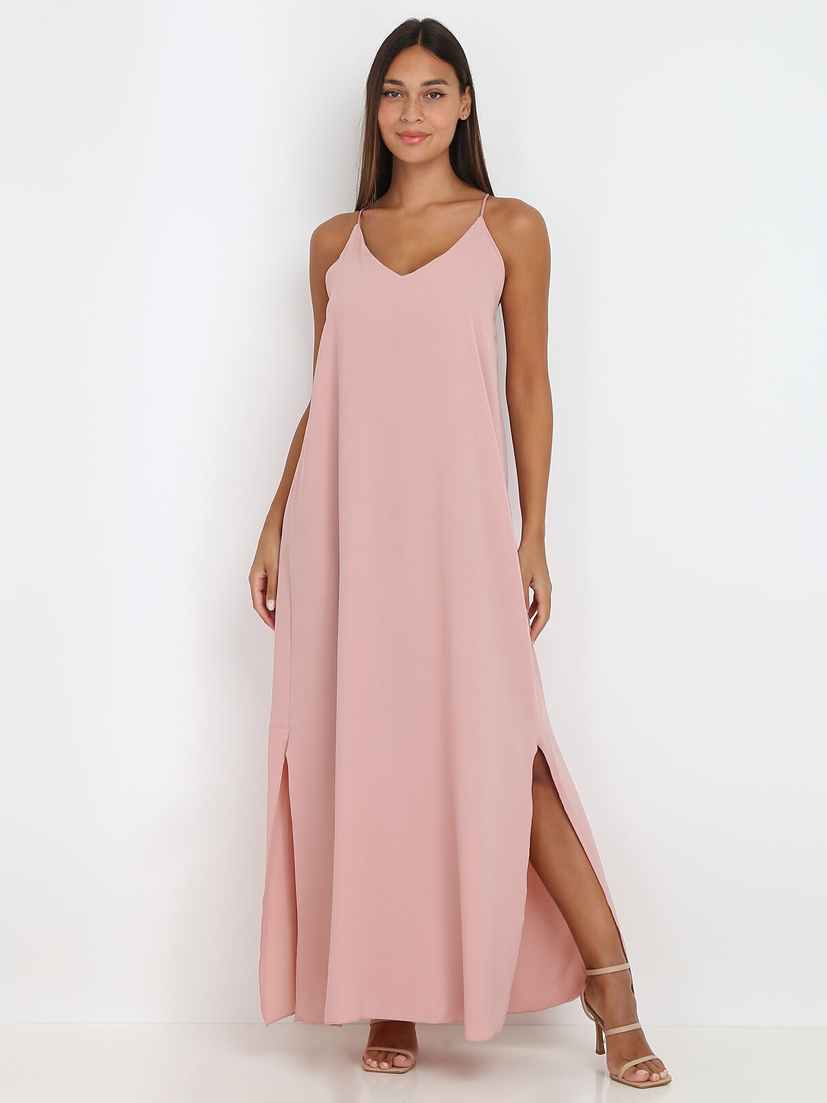 Robe longue fendue à dos croisé- Vieux rose