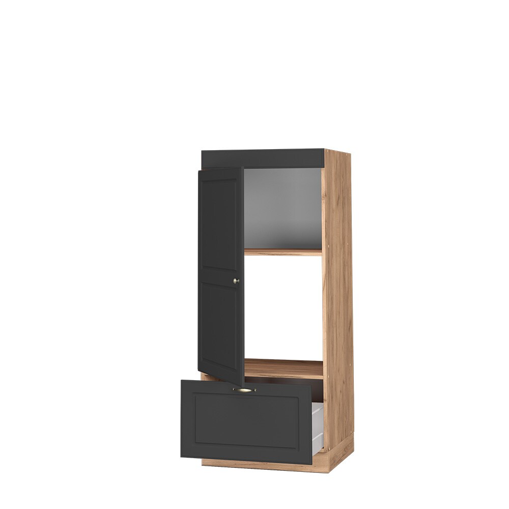 Vicco Mikrowellenumbauschrank Küchenschrank Küchenmöbel Fame-Line Landhaus Eiche Anthrazit 60 cm Gold Küche Einbauküche Blende Hochschrank Schublade Mikrowelle Backofen Küchenzeile