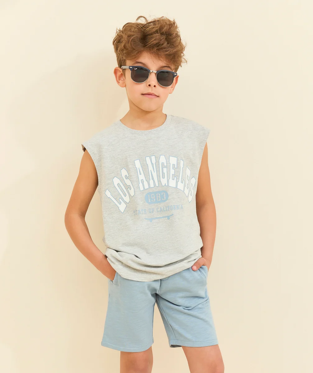 t-shirt sans manches garçon en coton bio gris motif campus